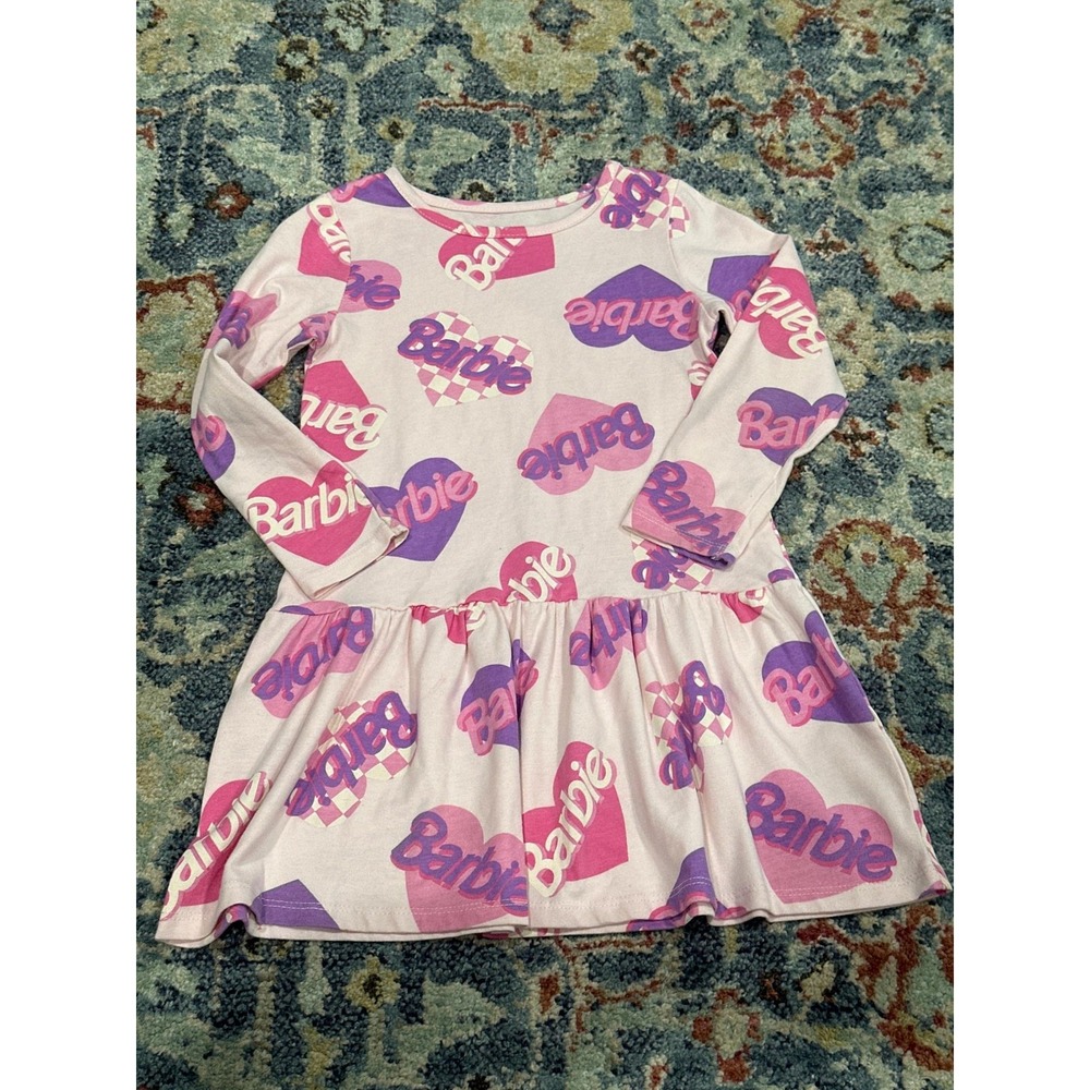 Barbie Dress Girls 4T Pink Heart Logo Long Sleeve Drop Waist EUC